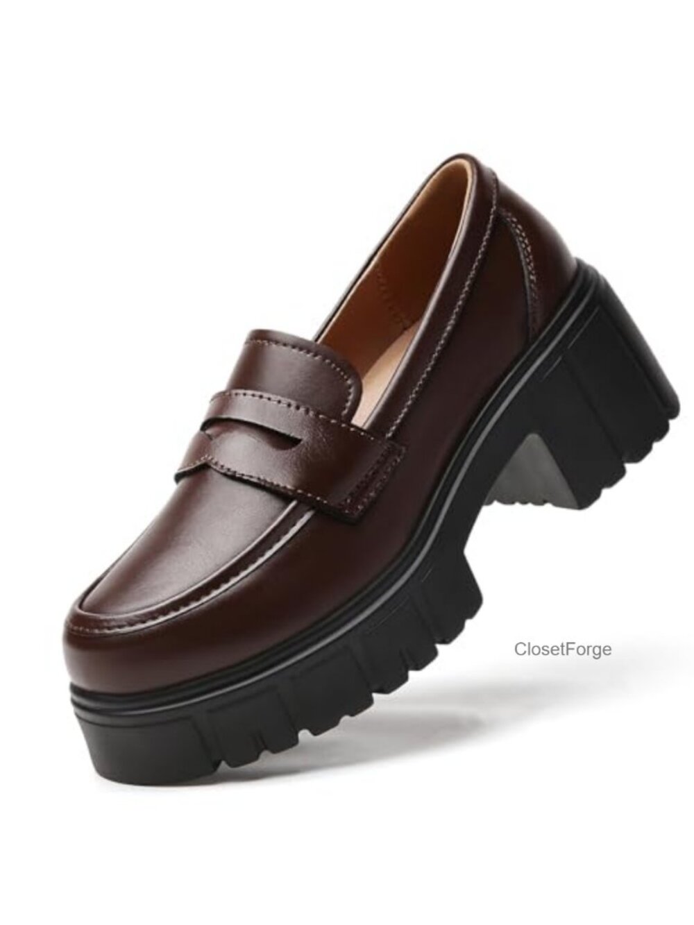 Chunky Platform Penny Loafers for Women Leather Slip-On Block Heel Shoes